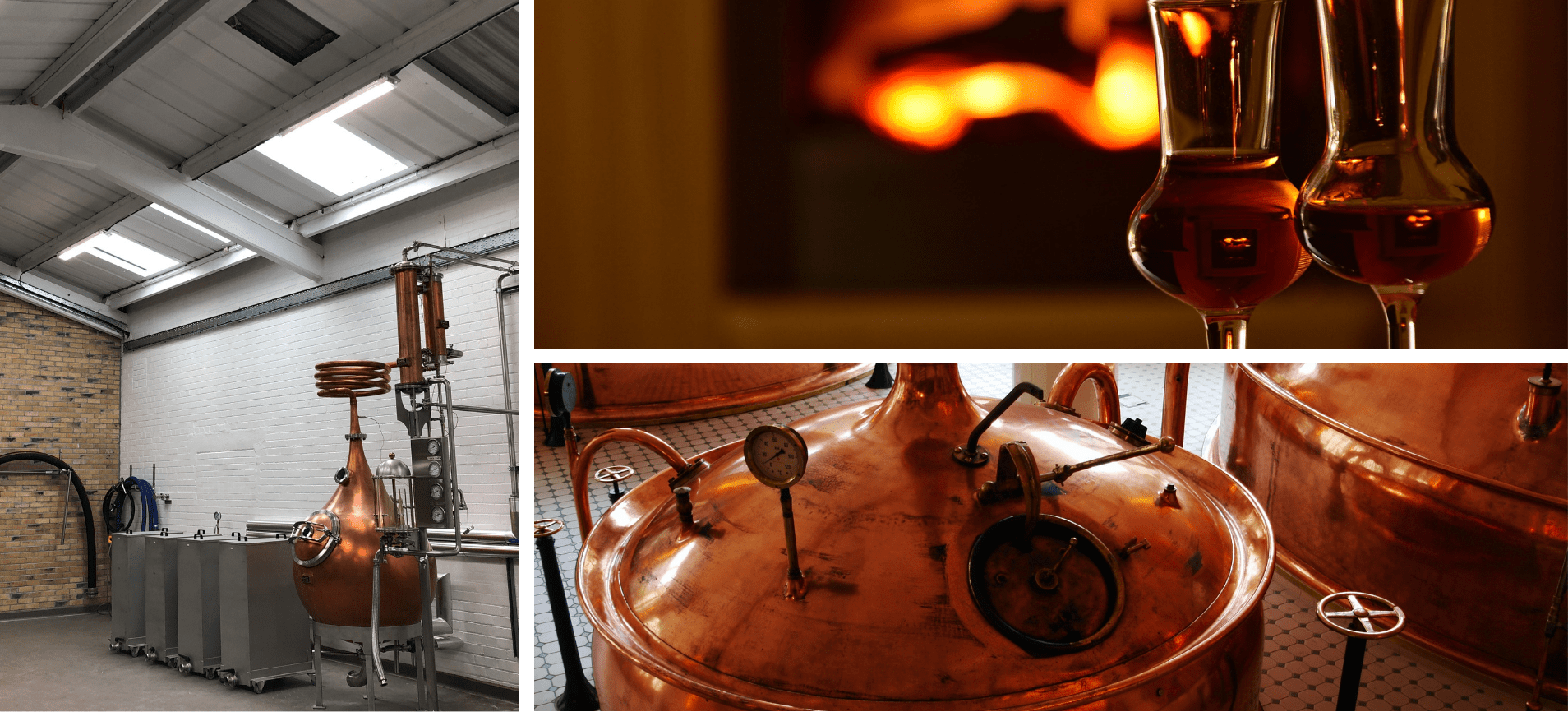 Three image collage with whisky and distillery images